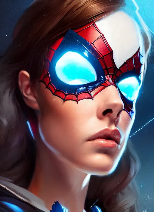 Image similar to portrait of mayday parker spider - girl, brown hair, blue eyes, spider - man costume, intricate, elegant, glowing lights, highly detailed, digital painting, artstation, concept art, smooth, sharp focus, illustration, art by wlop, mars ravelo and greg rutkowski