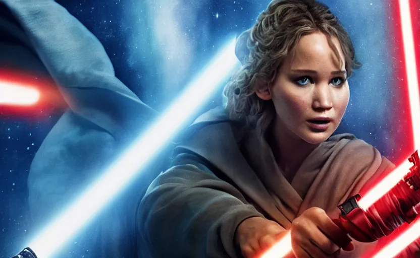 Image similar to jennifer lawrence as a jedi holding up a blue lightsaber, very dark background, official new star wars episode xi movie poster from lucas arts, perfect symmetrical face, full moon, moody lighting, 8 k, shallow depth of field, intricate detail,