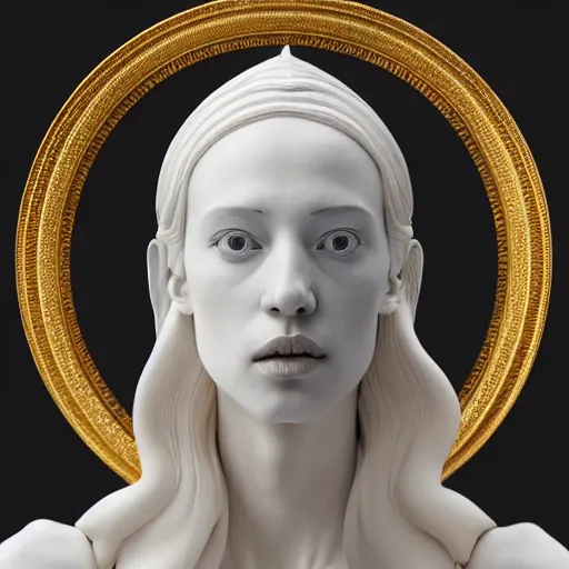 Image similar to a statue made of white marble with gold veins, of an beautiful gorgeous angel girl, full body shot, perfect symmetrical body, perfect symmetrical face, no eyes, hyper realistic, hyper detailed, fujicolor superia 1 6 0 0 photo, by peter kemp, by monia merlo, by michelangelo octane render, blender, 8 k