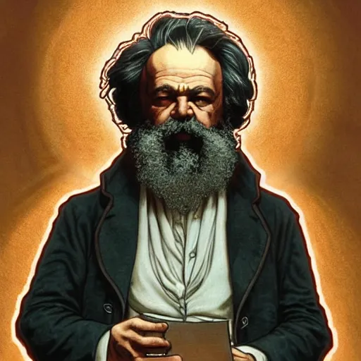 Image similar to Karl Marx pondering his orb, highly detailed, digital painting, artstation, concept art, smooth, sharp focus, illustration, art by todd lockwood and magalie villeneuve and alan lee and artgerm and greg rutkowski and alphonse mucha