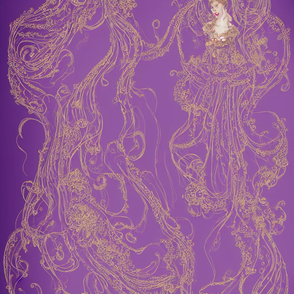 Prompt: purple dress design in the style of rococo ,Victorian era，jellyfish element,Gold lace element,dreamy, soft ,Backlight ,luminescence,Aetherpunk,highly detailed,8k