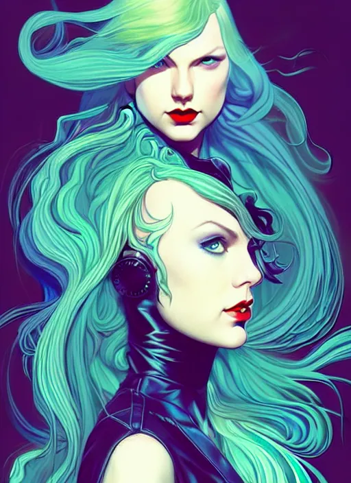 Image similar to style artgerm, joshua middleton, taylor swift with green dress, very long blue hair, swirling water swirling, symmetrical face, symmetrical eyes, steampunk cyberpunk,, cinematic lighting