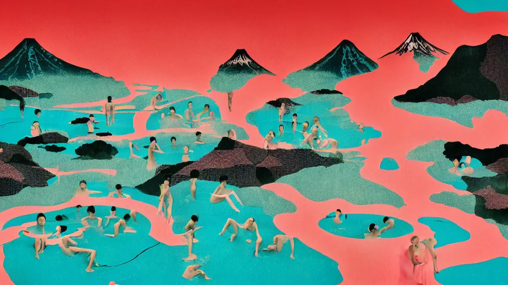 Image similar to japan natural hot spring, a collage painting, in the style of wes anderson, lola dupre, david hockney, isolated on negative space background dark monochrome neon spraypaint accents volumetric octane render