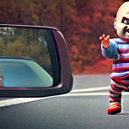 Prompt: first person screaming chucky doll in rear view mirror running after you