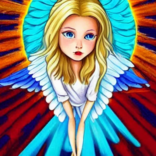 Prompt: hip gen z girl with long blond hair in heaven as an angel