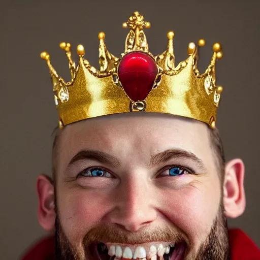 Image similar to man with red eyes and a crown grinning