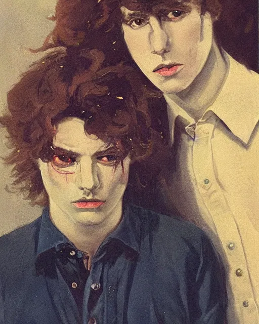 Prompt: two beautiful but sinister young men wearing oxford shirts in layers of fear, with haunted eyes and wild hair, 1 9 7 0 s, seventies, wallpaper, a lot of blood, moonlight showing injuries, delicate embellishments, painterly, offset printing technique, by brom, robert henri, walter popp