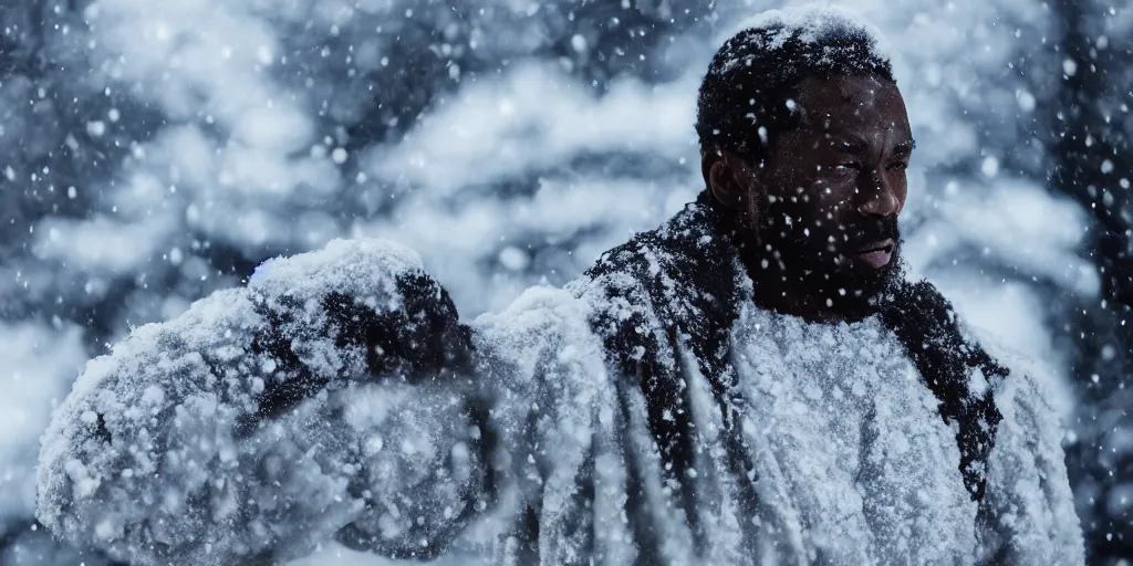 Image similar to a film still of a black man in the snow starring in a japanese blockbuster film as yoshimitsu, shallow depth of field, cinematic, award winning cgi, vfx, film still