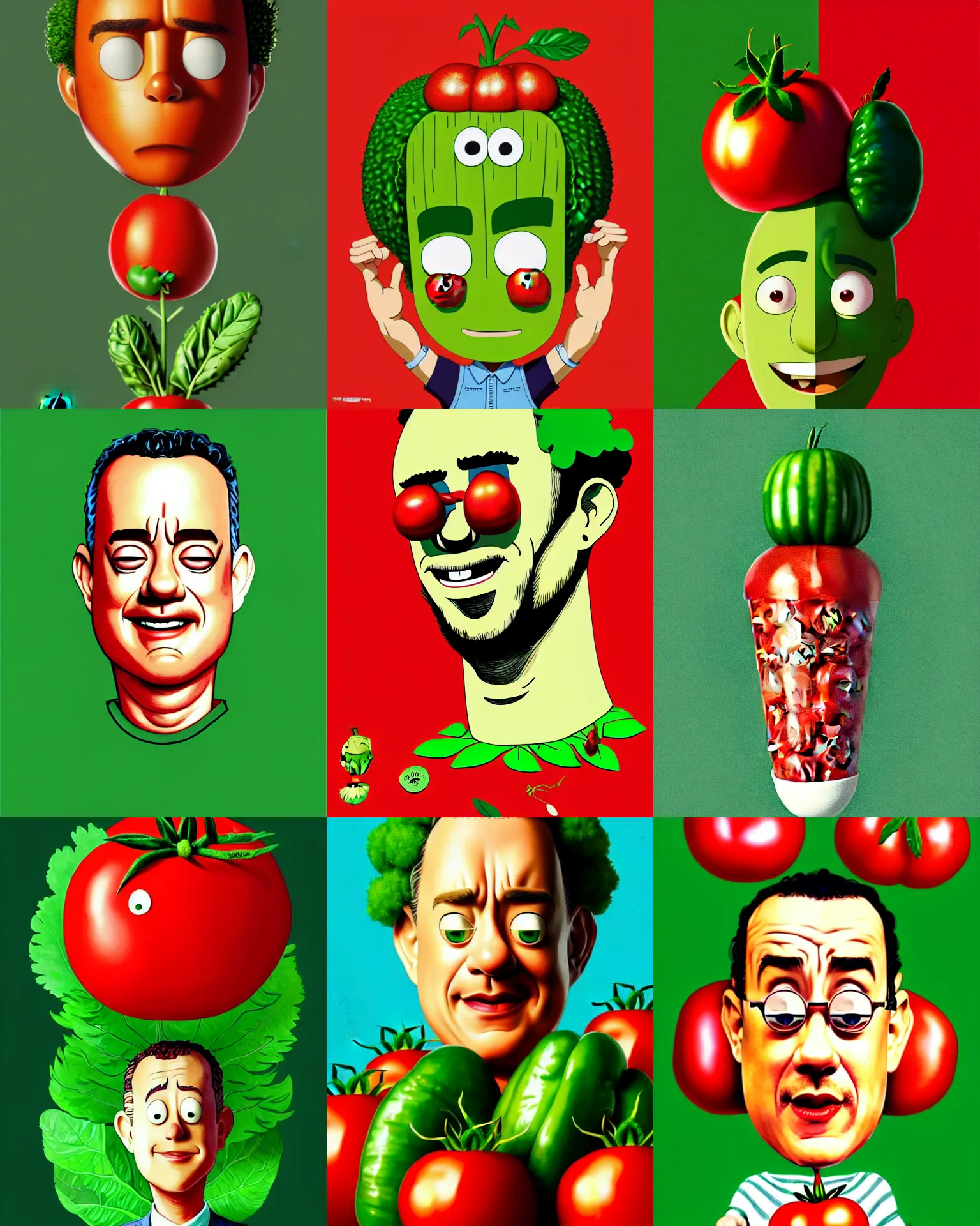 Prompt: tom hanks as forest gump as a tomato, his skin is red with leafy green hair, animation character, pickle rick, dramatic lighting, forest gump tomato body, shaded lighting poster by magali villeneuve, artgerm, jeremy lipkin and michael garmash, rob rey and kentaro miura style, trending on art station