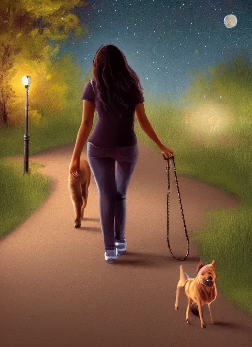 Image similar to young beautiful brown woman walking with her dog in a park at night with a full moon, illustration, photoreal, fantasy, trending. masterpiece work of art . oil on canvas. Digitally painted. Realistic. 3D. 8k. UHD.