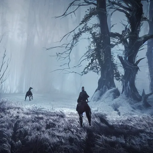 Image similar to the wild hunt, spectres of the night, hounds, bad omen, riding, silver - mounted sword, blizzard storm, enchanted, forest, fog, winter, dreamy, witcher 3, cinematic, breathtaking, vfx, octane, arnold, physically based rendering, unreal 5, cgi, concept art, trending in artstation, intricate details, dark fantasy, 8 k