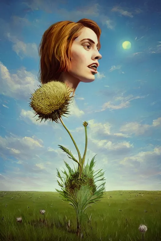Prompt: portrait, enormous thistle flower the head, a girl in a suit in field of flowers, surreal photography, sunrise, blue sky, dramatic light, impressionist painting, digital painting, artstation, simon stalenhag