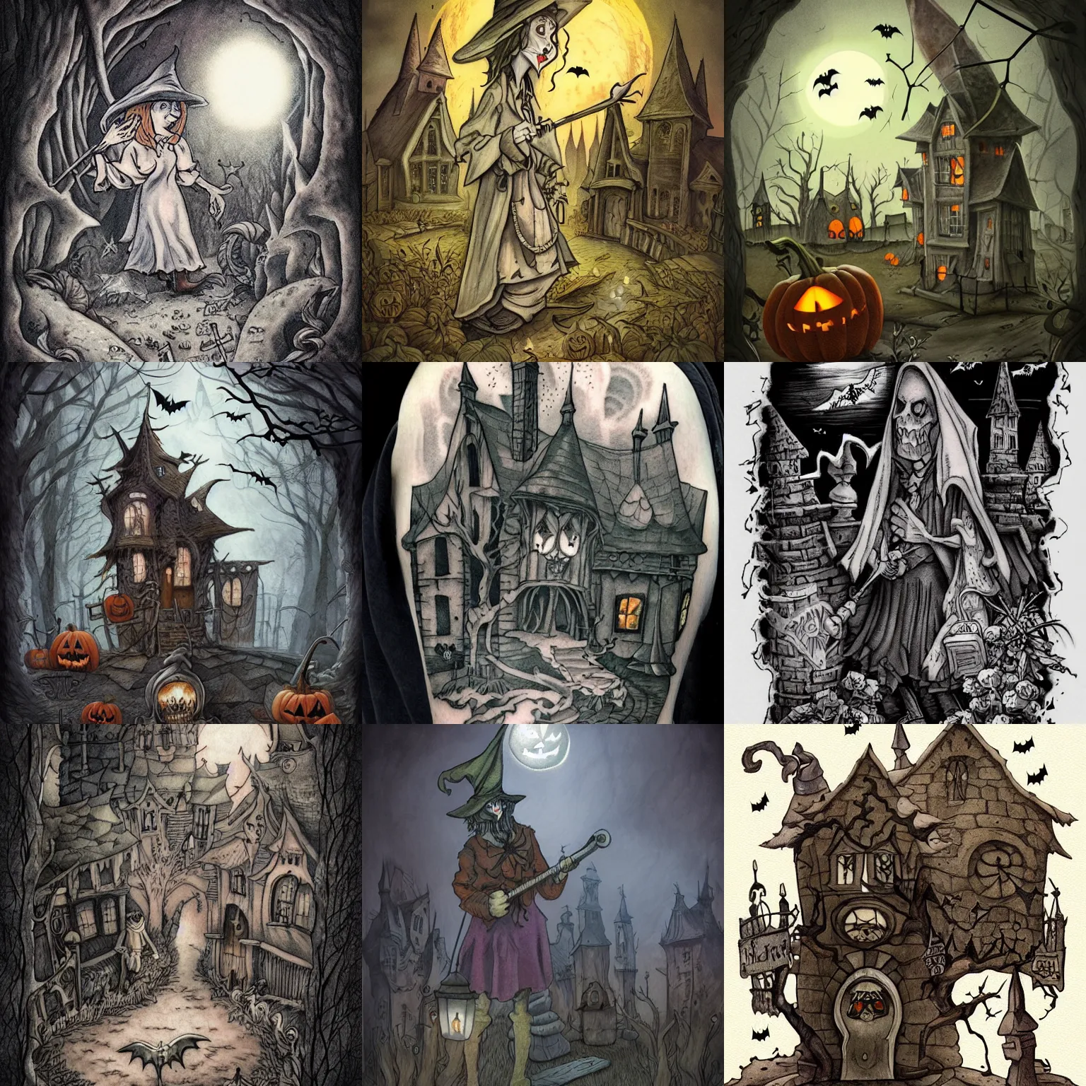 Prompt: halloween tattoo on white paper by anton pieck, cartoon witch in graveyard at midnight, intricate, extremely detailed, digital painting, artstation, concept art, smooth, sharp focus, illustration, intimidating lighting, incredible art,