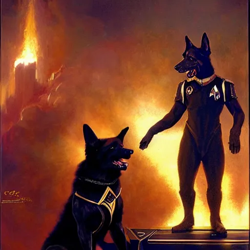 Image similar to a portrait of a man depicted as a black german shepherd dogman canine, star trek the next generation, sitting in front of a console, explosions. highly detailed painting by gaston bussiere, craig mullins, j. c. leyendecker, furry