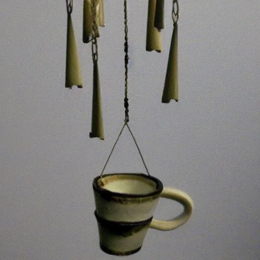 Image similar to This is a sketch of a wind chime made from the pieces of a broken mug. It shows the mug handle as the top piece with strings attached to it, and the bottom pieces of the mug hanging down like little bells