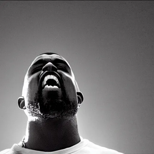 Image similar to kanye screaming from the top of his lungs in the style of the music video for heartless