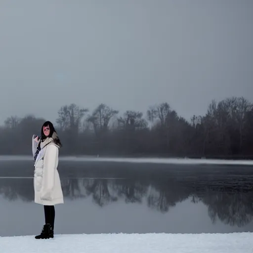 Image similar to a tall white girl with black hair and bangs wearing a black winter coat photographed in front of a frozen lake in Denmark, foggy blue weather, hd, 8k,