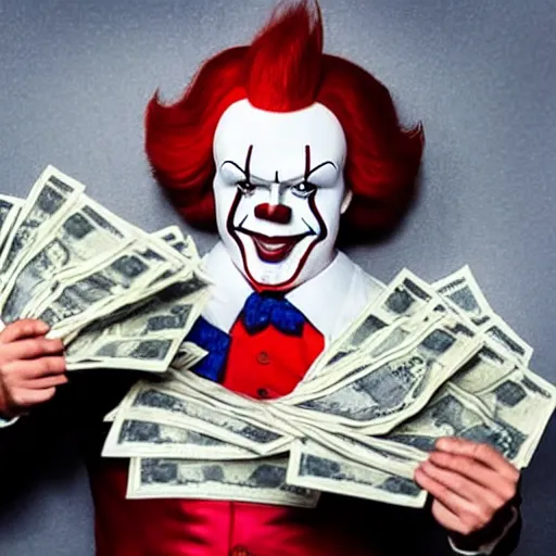 Prompt: Pennywise the clown wearing a suit and holding a stash of banknotes in his hands, full body shot