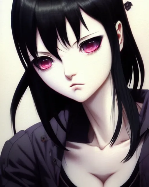 Image similar to portrait Anime goth girl, cute-fine-face, black-hair pretty face, realistic shaded Perfect face, fine details. Anime. realistic shaded lighting by Ilya Kuvshinov katsuhiro otomo ghost-in-the-shell, magali villeneuve, artgerm, rutkowski, WLOP Jeremy Lipkin and Giuseppe Dangelico Pino and Michael Garmash and Rob Rey