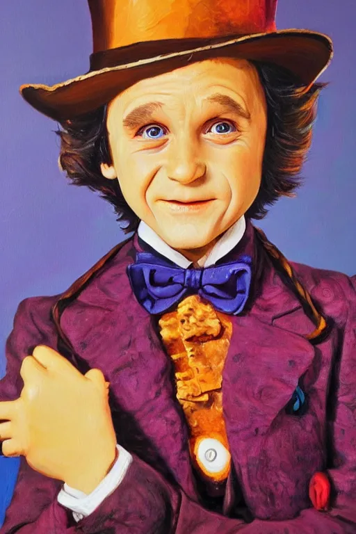 Image similar to Ibai Llanos dressed as Willy Wonka, highly detailed, oil on canvas