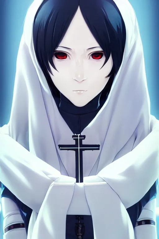 Image similar to portrait Anime cyborg girl in nun clothes, holy church Warhammer 40000, cute-fine-face, white-hair pretty face, realistic shaded Perfect face, fine details. Anime. realistic shaded lighting by Ilya Kuvshinov katsuhiro otomo ghost-in-the-shell, magali villeneuve, artgerm, rutkowski, WLOP Jeremy Lipkin and Giuseppe Dangelico Pino and Michael Garmash and Rob Rey