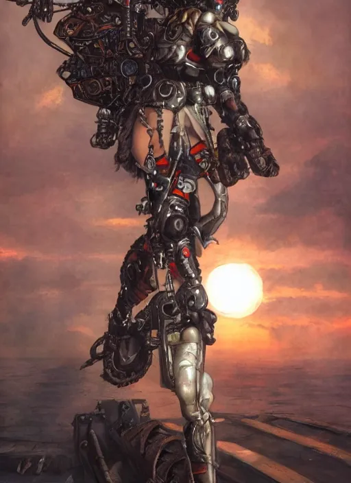 Prompt: symmetry!! closeup! of a pirate biker girl, cyborg armor, in clouds, cinematic light, windy, sunrise, by gerald brom, by mikhail vrubel, by peter elson, muted colors, extreme detail, trending on artstation, 8 k
