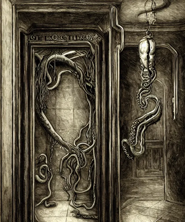 Image similar to horrifying photorealistic painting of a 1 9 2 5 hotel elevator lobby with teeth instead of elevator doors, opening sideways with a tentacle licking out, dark, atmospheric, brooding, smooth, finely detailed, cinematic, epic, lovecraft, in the style of larry elmore