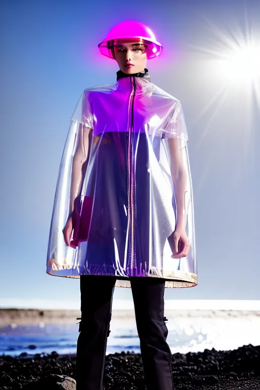 Image similar to an ultra high definition professional high fashion portrait studio full length photograph of a model wearing a transparent pearlescent raincoat and neon visor in an icelandic black rock environment at dawn. no artefacts. extremely detailed. stark. refraction. shallow depth of field. volumetric light and shadow. ray tracing. light rays.