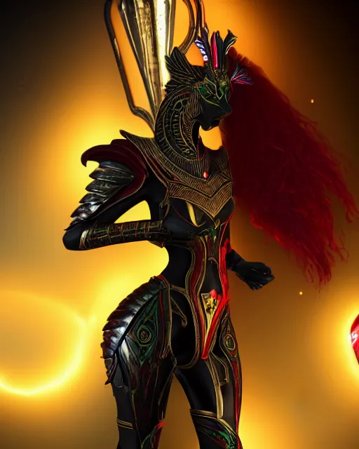 Prompt: red - haired final fantasy black marble egyptian pharaoh caressing her shiny rainbow dragon, warframe armor, regal, attractive, ornate, sultry, sexy, beautiful, elize theron, pretty face, green eyes, scifi platform, 4 k, ultra realistic, epic lighting, illuminated, cinematic, black gold, art by alexandra petruk, voidstar