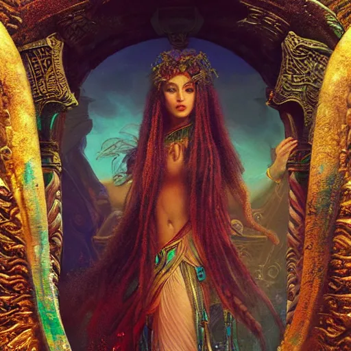 Prompt: octane render, artstation, 8 k, intricate detail, hyper detail, portrait by gaston bussiere, greg rutkowski, sandro botticelli, tan lady of elche, egyptian sumerian features, techno mystic goddess princess intergalactica inanna with aqua neon rapunzel dreadlocks,