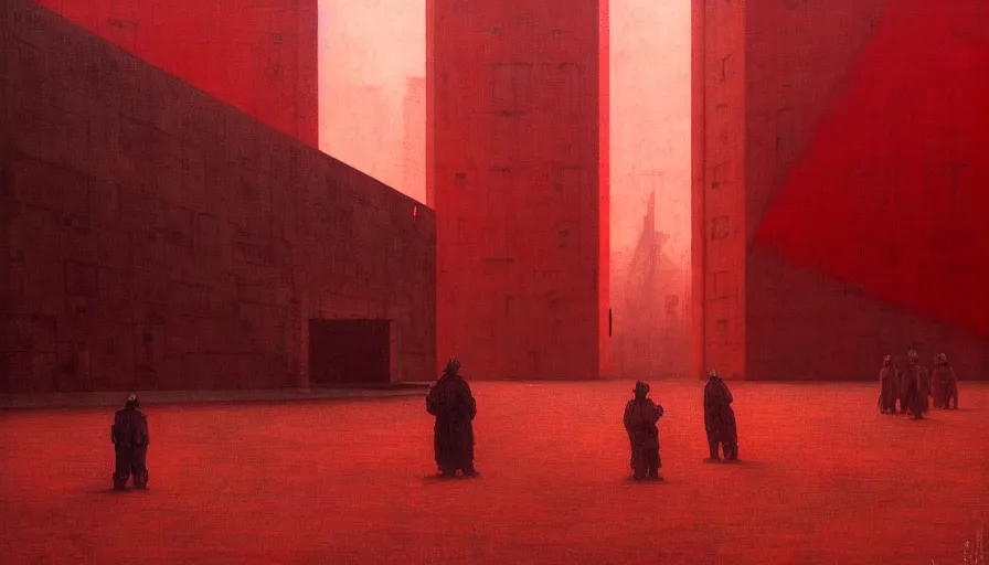 Image similar to only with red, soviet communism horror brutalist architecture apocalyptic with soviet flag, crowd cheering, in the style of beksinski and edward hopper and rodcenko and yue minjun and cory loftis, intricate and epic composition, red by caravaggio, highly detailed, masterpiece, red light, artstation, art nouveau