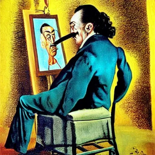 Image similar to salvador dali painting a selfportrait, in the style of salvador dali