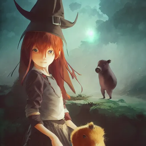 Image similar to full body portrait character concept art, anime key visual of a little witch with her capybara mascot, cinematic lighting, dramatic atmosphere, by dustin nguyen, akihiko yoshida, greg tocchini, greg rutkowski, cliff chiang, 4 k resolution, craig mullins