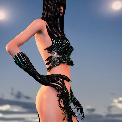 Image similar to An extremely beautiful runway model wearing a intricate bikini dress made from Ferro Fluid at a Galla, hyper realistic 8K HDRI octane render.