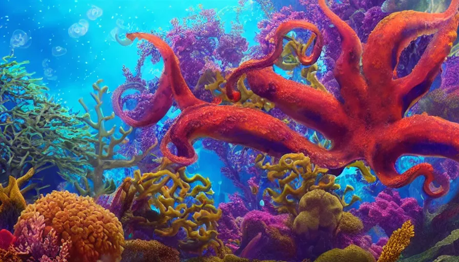 Prompt: a beautiful, noble, giant octopus of exquisite color : 1, underwater scenery, beautiful colorful corals, african cichlids and other species of small tropical sea - life, god - rays, volumetric lighting, 8 k, digital art