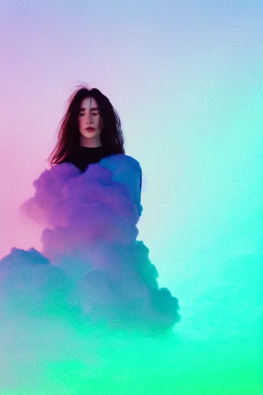 Image similar to high quality pastel coloured film close up wide angle photograph of a model wearing clothing resting on cloud furniture in a icelandic black rock environment in a partially haze filled dreamstate world. three point light, rainbow. photographic production. art directed. pastel colours. volumetric clouds. pastel gradient overlay. waves glitch artefacts. extreme facial clarity. 8 k. filmic.