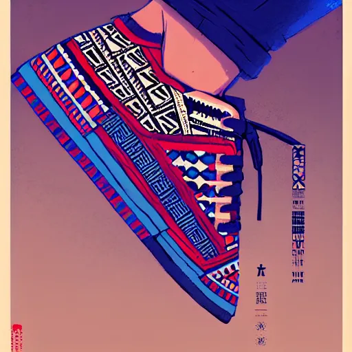 Image similar to sneaker design, aztec mayan street fashion native punk shoe design, hip hop sneaker design with subtle mayan patterns, majora's mask art style, gapmoe yandere grimdark, trending on pixiv fanbox, painted by greg rutkowski makoto shinkai takashi takeuchi studio ghibli, akihiko yoshida