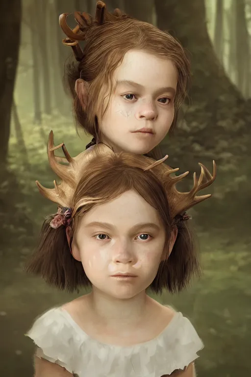 Prompt: face portrait of a little girl with deer head, concept art, fantasy, in the woods, smooth porcelain skin, artstation hd, octane render, 1 6 k high definition