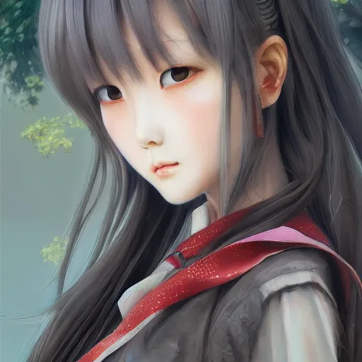 Image similar to dynamic composition, motion, ultra-detailed, amazing details, colorful and grayish palette, HD semirealistic anime CG concept art digital painting, watercolor oil painting of a Japanese schoolgirl, by a Chinese artist at ArtStation, by Huang Guangjian, Fenghua Zhong, Ruan Jia, Xin Jin and Wei Chang. Realistic artwork of a Chinese videogame, gradients, gentle an harmonic grayish colors.