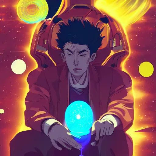 Image similar to A man drinking a cup of cosmic energy bright light by Masafumi Harada, 4k, digital art, surreal, anime style, space dandy style, highly detailed, godsend, artstation