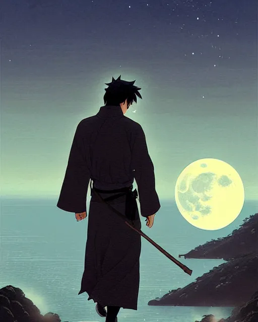 Image similar to a lonely poet ( li bai ) walks by the wide coast, night scene with moonlight on him, eva comic style, fine details. night setting. very anime style. realistic shaded lighting poster by ilya kuvshinov katsuhiro, magali villeneuve, artgerm, jeremy lipkin and michael garmash, rob rey and kentaro miura style, trending on art station