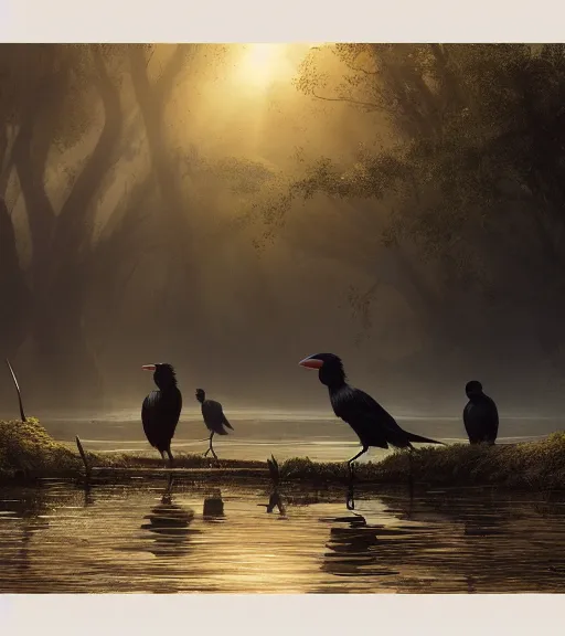 Image similar to three long legs long beak crows in a little boat in a swamp, volumetric lighting, majestic light, octane render, ethereal glare of the sun, hyperrealistic, epic, masterpiece, by greg rutkowski