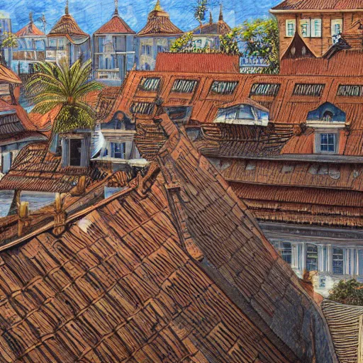 Image similar to traditional city with tiled roofs surrounded by a wooden wall, texture, intricate, details, highly detailed, masterpiece, architecture, building, trending on artstation, focus, sharp focus, concept art, digital painting, fantasy, sunny, day, midday