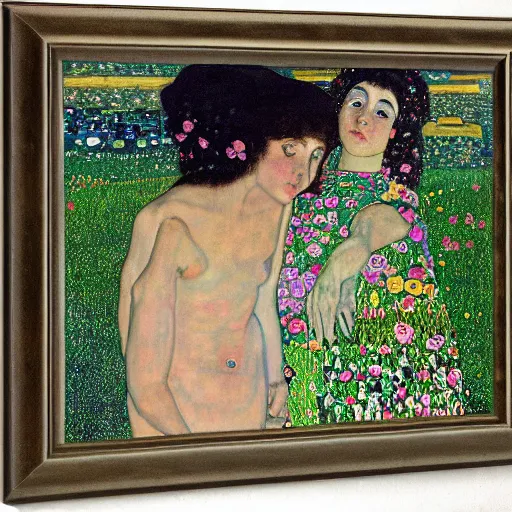 Image similar to a portrait of two beautiful sisters in a scenic environment by gustav klimt