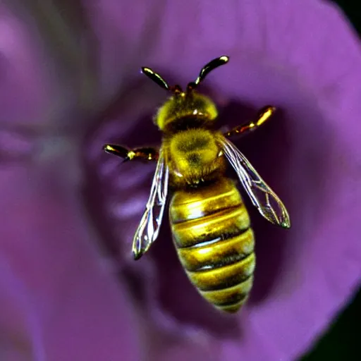 Image similar to honey bee made of metal, shiny, glowing