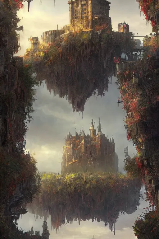 Image similar to a painting of a city castle floating in the air, flying island, levitating citadel, a matte painting by marc simonetti, deviantart, fantasy art, lush world above an apocalypse landscape, matte painting, apocalypse utopia art