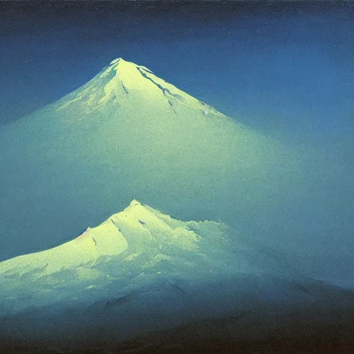 Image similar to mt elbrus at night, arkhip kuindzhi painting, oil painting, luminous light, blue palette