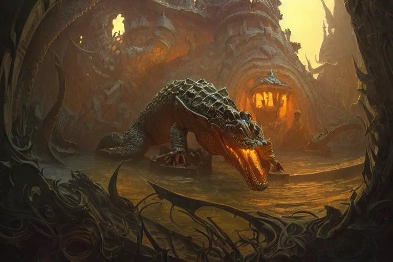 Prompt: crocodile god lair, dusk, deep focus, d & d, fantasy, intricate, elegant, highly detailed, digital painting, artstation, concept art, matte, sharp focus, illustration, hearthstone, art by artgerm and greg rutkowski and alphonse mucha