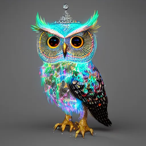 Image similar to detailed portrait of a magical lights owl, wearing a diamond crown, glowing feathers, halfway through, hyper detailed, stylistic, symmetrical, 3 d render, 8 k, octane render