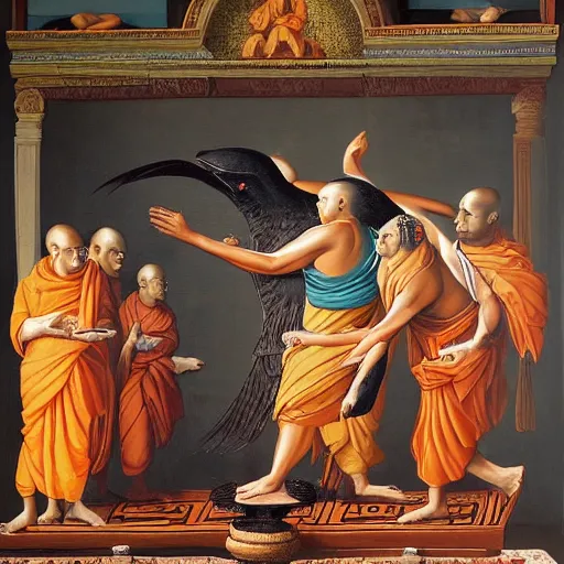 Prompt: hindu monks worshipping giant crow on greek senete baroque painting, lionardo davinchi